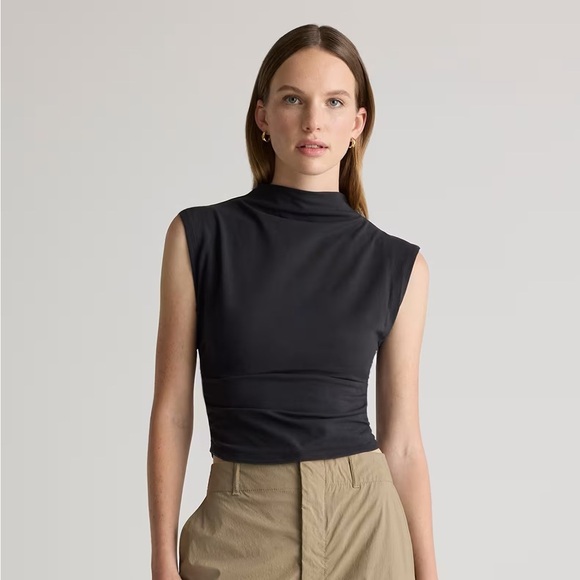 Quince mock neck top ruched Stretch Cotton Jersey Sleeveless tank cropped - Picture 9 of 9